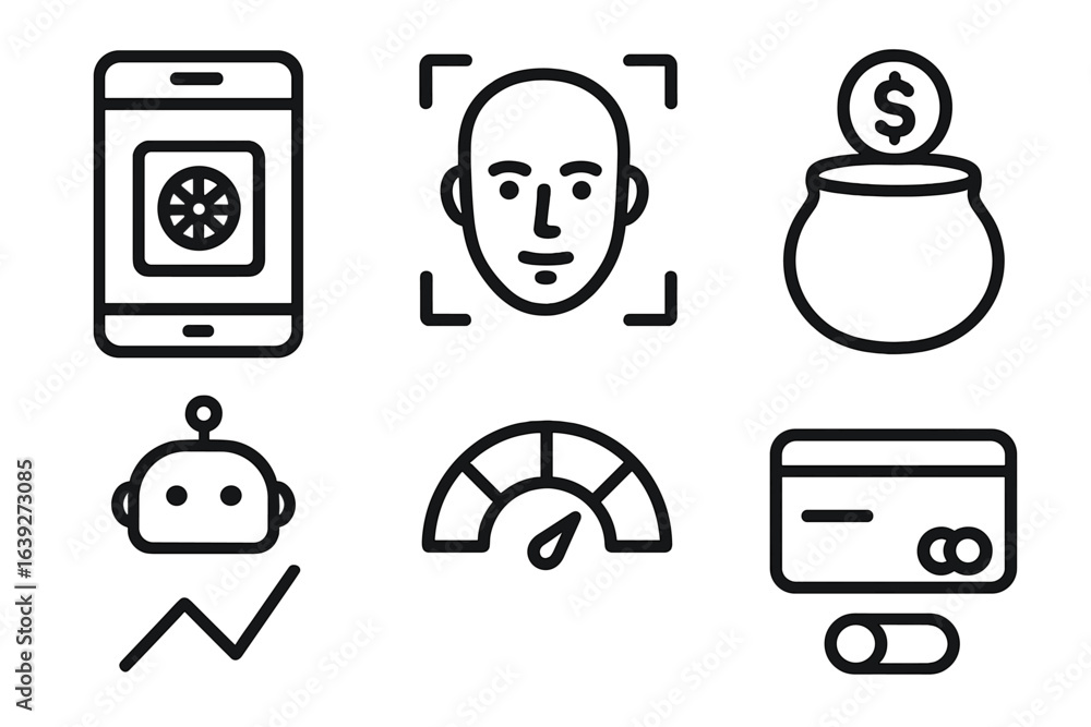 Poster digital icons representing technology, security, and finance concepts in a modern design layout