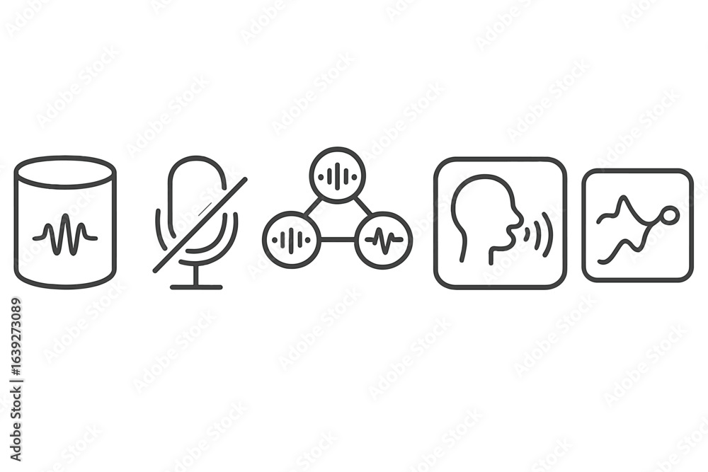 Poster icons representing audio processing and voice recognition technology in a modern digital environment