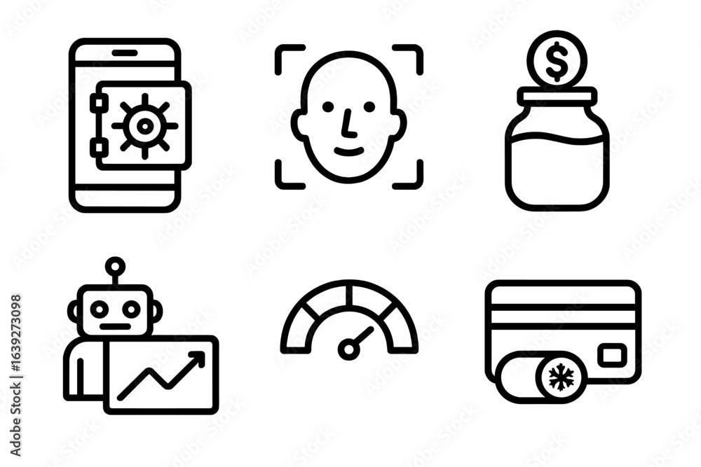Poster technology icons representing digital security, finance, artificial intelligence, and data analysis 