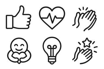 Variety of positive and motivational symbols representing health, encouragement, and creativity in simple line art style
