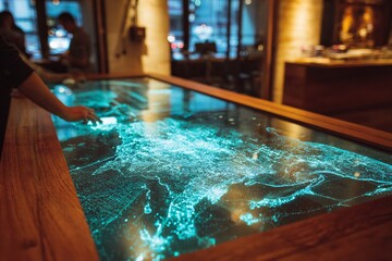 A person interacts with a large interactive table displaying a glowing network of data and information