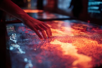 Fototapeta premium A hand interacts with a vibrant digital display, creating ripples and waves of light and color