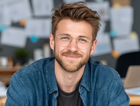 A handsome bearded man smiles confidently wea glasses and a denim shirt in his bright office space.
