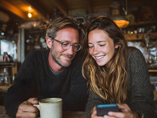 Smiling couple looking at smartphone screen and drinking coffee together in a cozy rustic cafe setting.