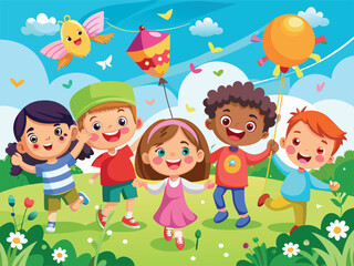 Happy Childrens Day Banner with Kids Playing and Colorful Balloons