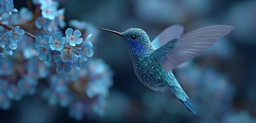 Luminous hummingbird poised to feed on blossoms in starlit stillness