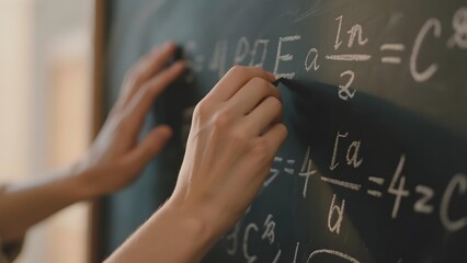 Hands writing mathematical equations on a chalkboard