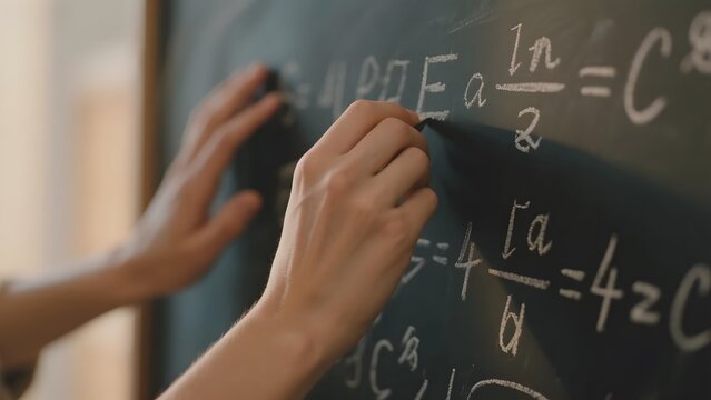 Hands writing mathematical equations on a chalkboard