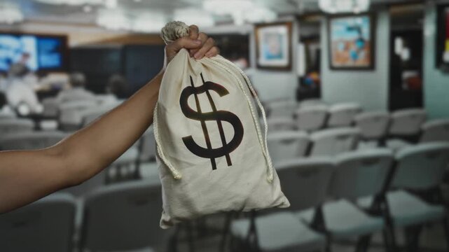 Man holding money bag with dollar symbol in empty conference room, highlighting financial success and investment potential indoors.