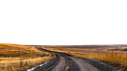 Winding dirt road through golden autumn fields isolated on a transparent background