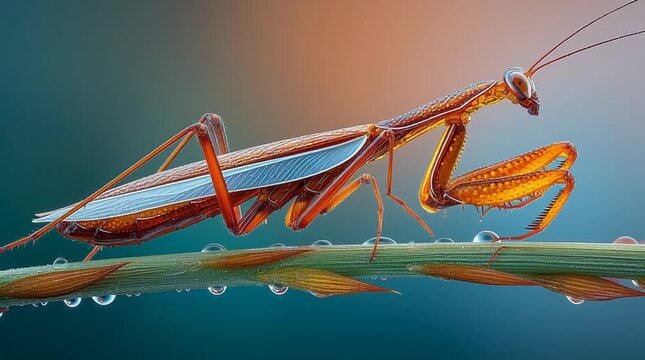 A praying mantis perched on a green stem, its sharp forelegs and segmented body in crystal-clear detail