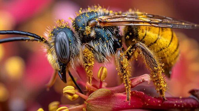 A close-up of a bee pollinating a flower, covered in golden pollen with blurred petals in the background