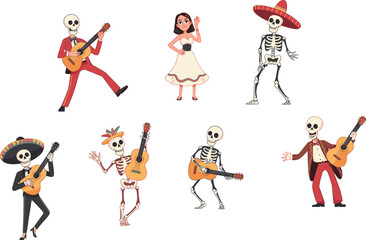 Cartoon Mexican musician characters with guitar, skeleton mariachi, colorful traditional costumes, sombrero hats, festive Day of the Dead, folk music performers, animated cultural illustration set