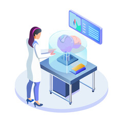 Fototapeta premium Isometric view of a scientist analyzing a brain hologram in a lab isolated on white background