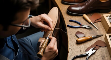 An artisan shoemaker meticulously hand-stitching the sole of a leather shoe with an awl at a wooden workshop bench.