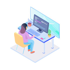 Woman is working on computer at desk isolated on white background