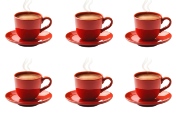 Experience the rich aroma and warmth of six cups of espresso coffee served in vibrant red cups on a clean background