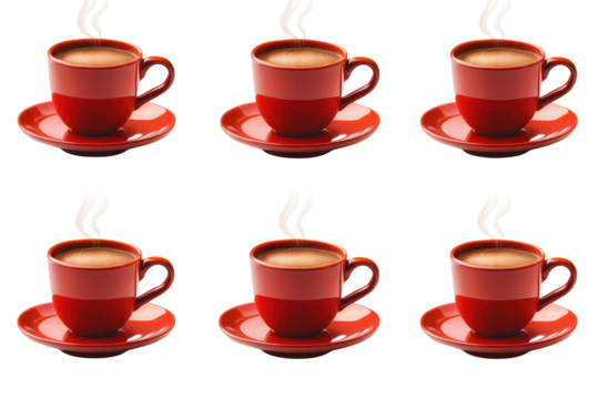 Experience the rich aroma and warmth of six cups of espresso coffee served in vibrant red cups on a clean background