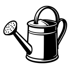 A black and white graphic illustration of a watering can for gardening and plant care