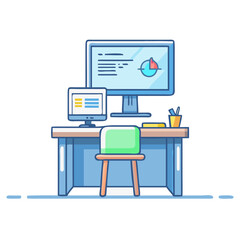 Illustration of a desk with computer and chair isolated on white background