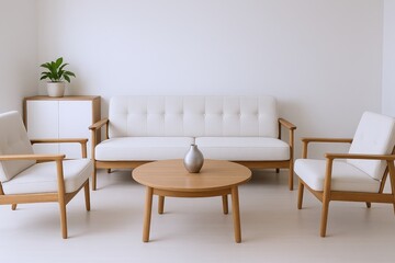 Minimalist Living Room Setup Featuring a White Sofa, Two Armchairs, and a Round Wooden Coffee Table with a Vase