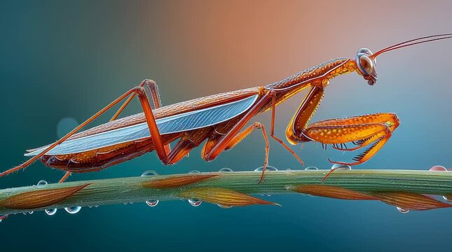 A praying mantis perched on a green stem, its sharp forelegs and segmented body in crystal-clear detail