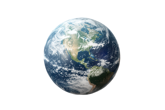Realistic depiction of a planet Earth with vibrant colors and detailed continents isolated on a transparent background for creative designs and educational purposes