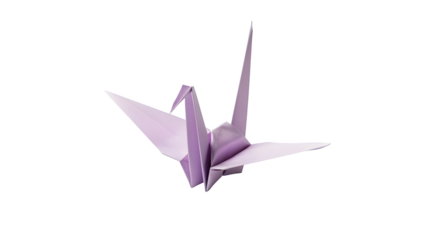 Origami paper crane in soft lavender color, isolated on white background