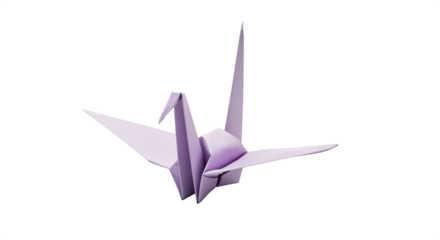Origami paper crane in soft lavender color, isolated on white background
