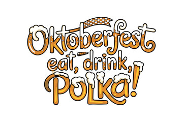 Clinking beer mug heart badge, pretzel border and ribbon, festive greeting poster, event ticket card, t shirt graphic