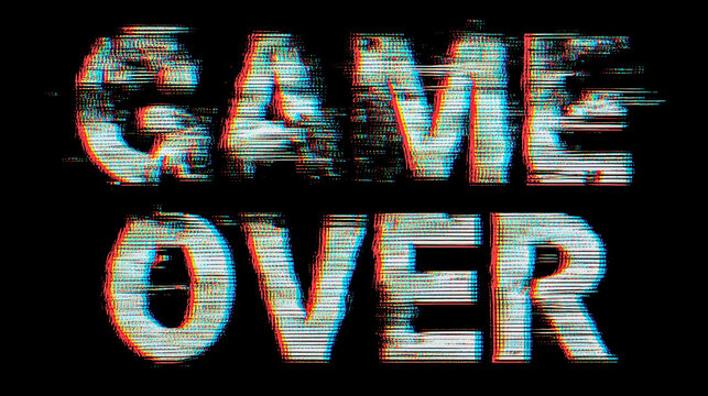 Bright white game over title shaking under heavy RGB distortion