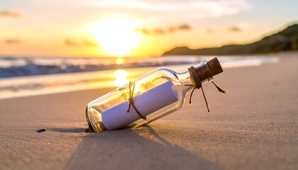 Message in a bottle on golden beach at sunset
