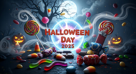 Obraz premium A halloween scene featuring candy, pumpkins, and a spooky atmosphere for halloween day in the year 2025