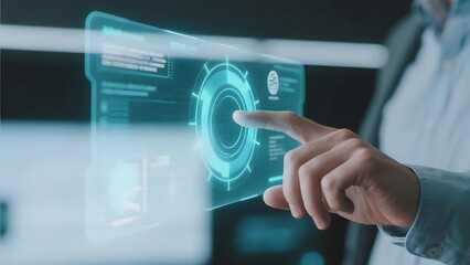 Person interacting with a futuristic holographic interface