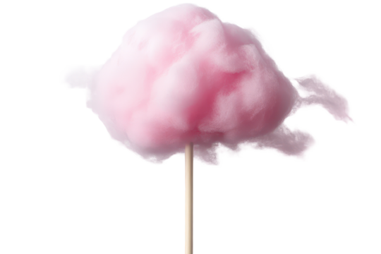 Delicious pink cotton candy on a stick, a favorite treat at fairs and carnivals, enjoying its fluffy texture in a whimsical presentation
