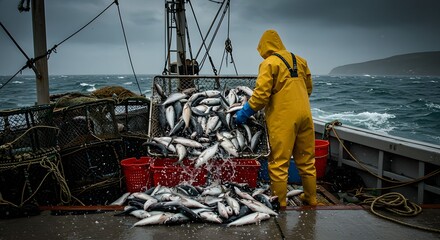 Hardworking fisherman in bright yellow gear unloads bountiful fresh catch from rough sea on overcast day