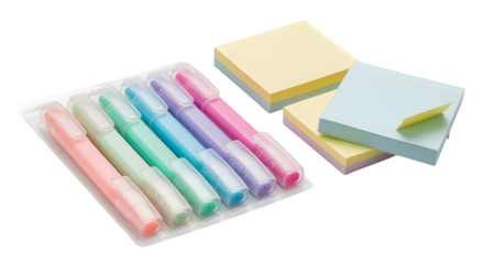 Pack of pastel highlighters and sticky notes, isolated on white background