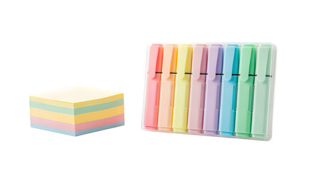 Pack of pastel highlighters and sticky notes, isolated on white background