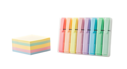 Pack of pastel highlighters and sticky notes, isolated on white background
