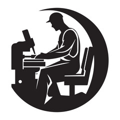 Silhouette of a machinist operating a machine inside a crescent moon shape in black and white style