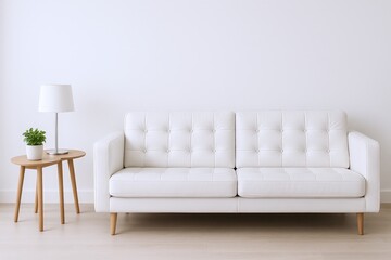 Fototapeta premium Minimalist Interior Scene Featuring a Tufted White Sofa and a Small Wooden Side Table with a Lamp and Plant