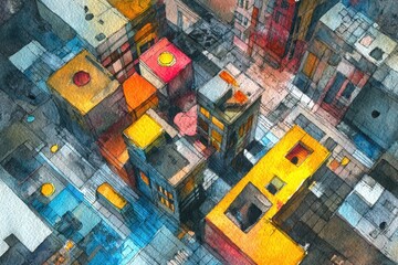 Fototapeta premium Vibrant cityscape illustrated in abstract watercolor revealing a playful interplay of light and color among urban structures during a lively afternoon