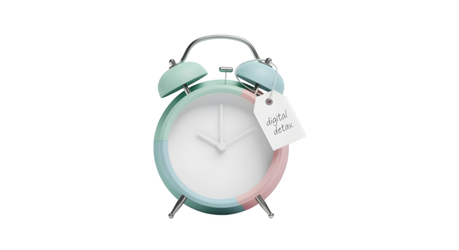 Pastel alarm clock with “digital detox” tag, isolated on white background