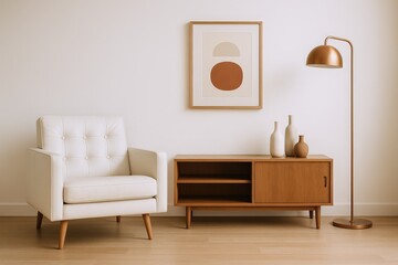 Modern Living Room Scene Featuring a Tufted White Armchair, Wooden Cabinet, Abstract Art, and a Brass Floor Lamp