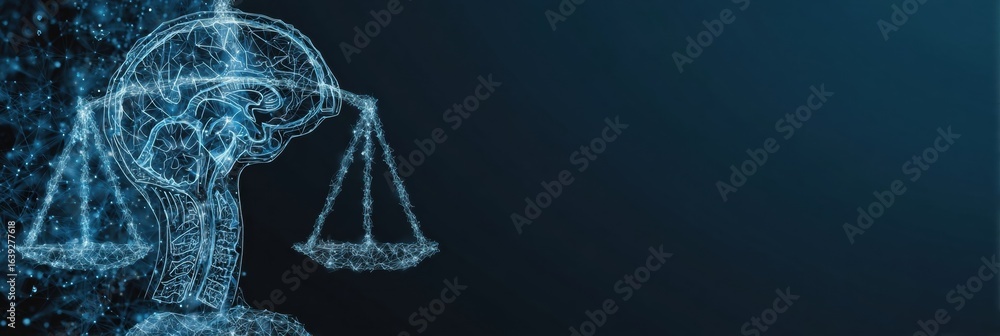 Poster digital representation of justice scales intertwined with intricate brain design in a futuristic set