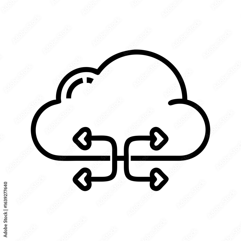 Poster a stylized cloud with arrows pointing in and out representing data transfer in black and white outli