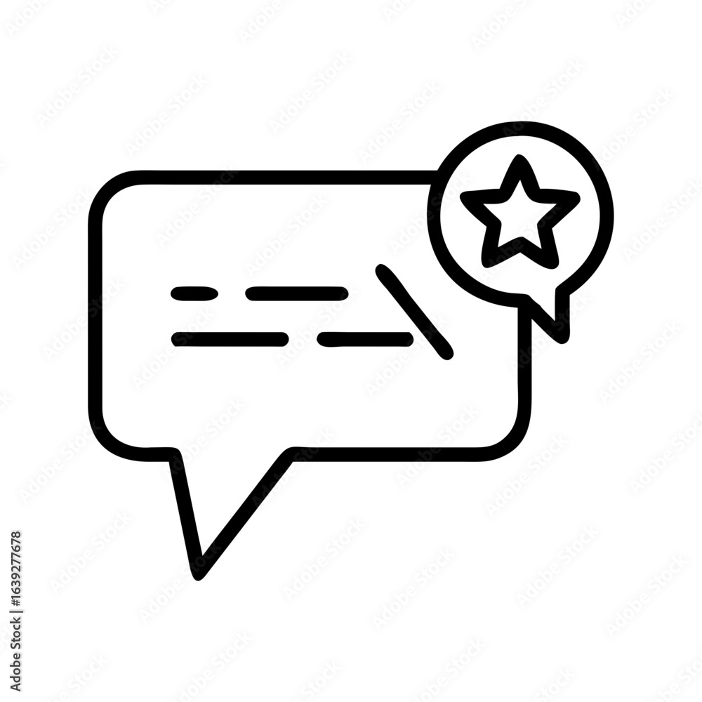 Poster outline style icon of a chat bubble with text and a star in a smaller bubble on the upper right corn