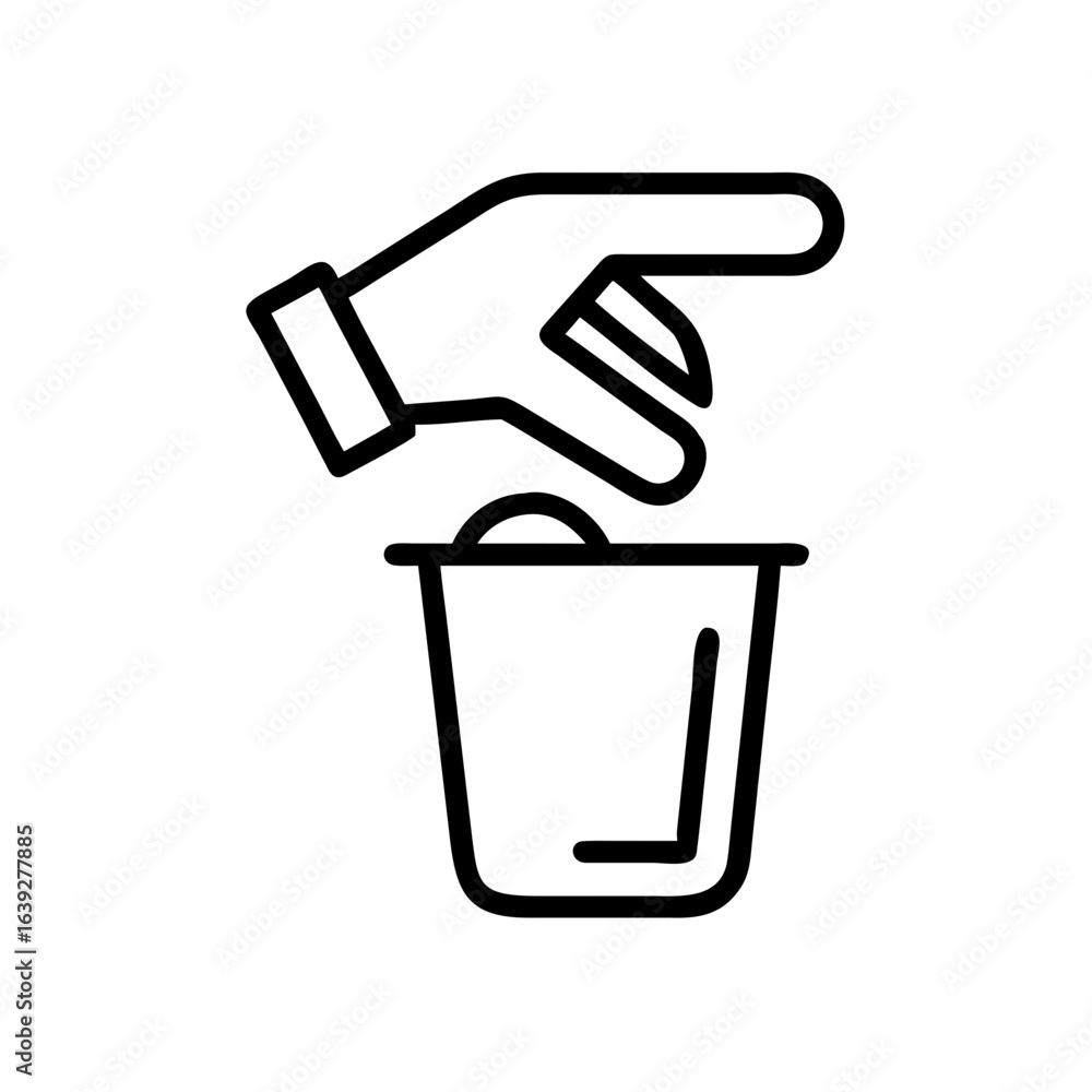 Poster a hand is disposing of something into a trash can in a simple black and white line drawing style ico