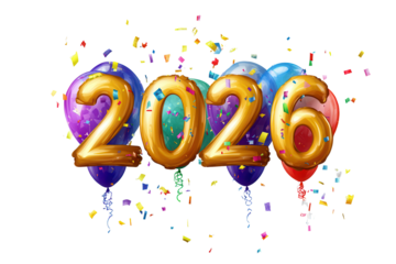 Balloons shaped into numbers create a festive display celebrating the year 2026 amidst colorful confetti at a lively event