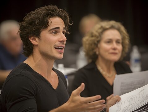 Young actor passionately rehearses lines with script in hand, while older actress listens attentively nearby.